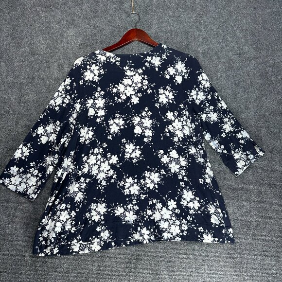 J Jill Top Womens Large Wearever Collection 3/4 Sleeve Navy Blue White Floral - Picture 7 of 9